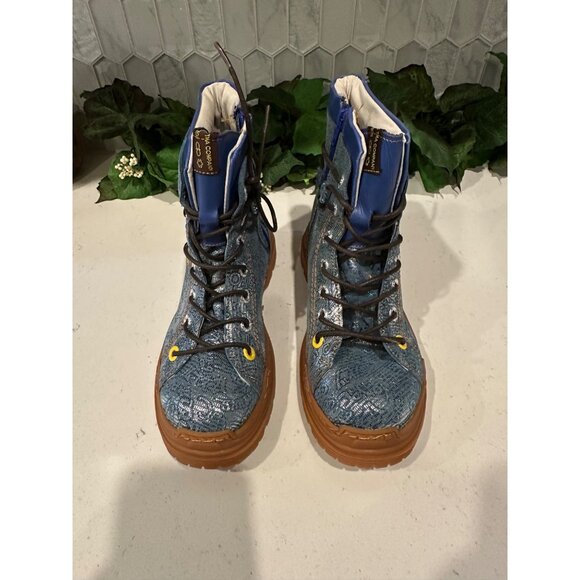 TMA Turquoise Blue Lace-Up Boots With Brown Sole & Side Zipper - Picture 2 of 11